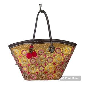 Large Tote Bag, Weaved, embroidery with shiny rhinestones. Very Large. Nice